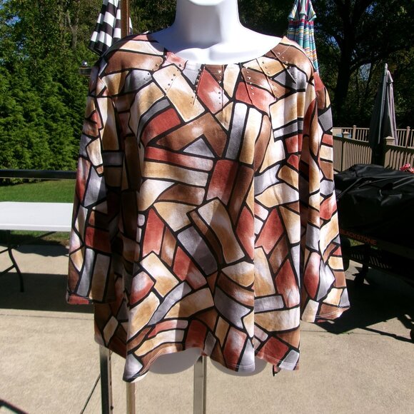NWOT ALFRED DUNNER BROWN SHAPE PRINT TOP 3X - Picture 1 of 1